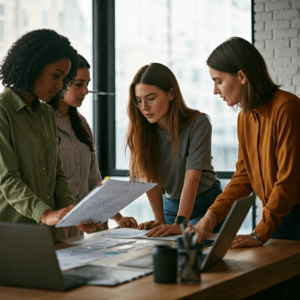 A diverse group of women discussing strategies in a workplace meeting.