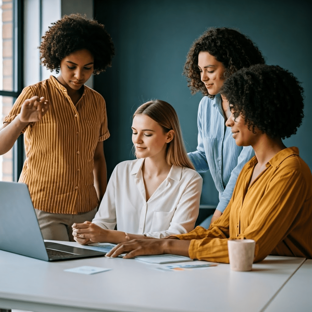 A group of women professionals collaborating on a tech project in a modern office.